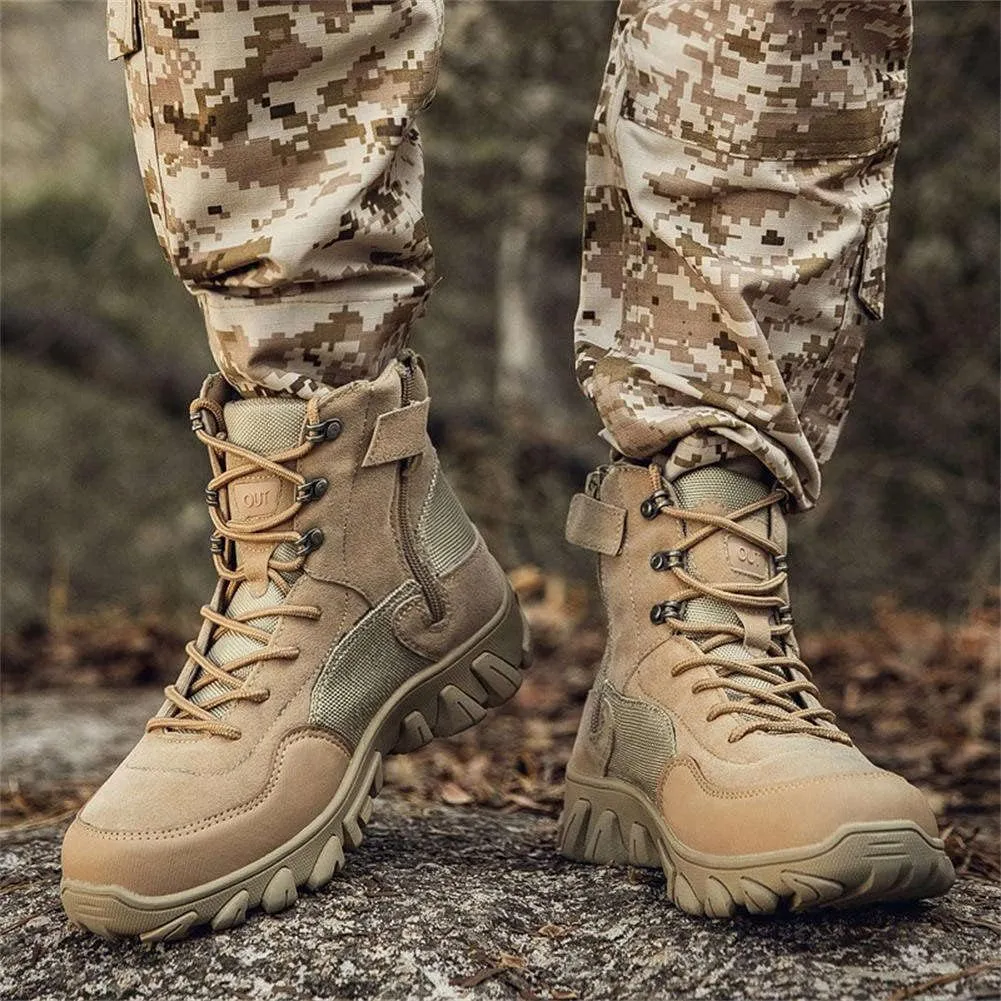 GEXECEUSS Men's Military Tactical Boots Lightweight Combat Outdoor Rubber Outsole Boots Desert Boots Side Zip Leather Cargo Boots