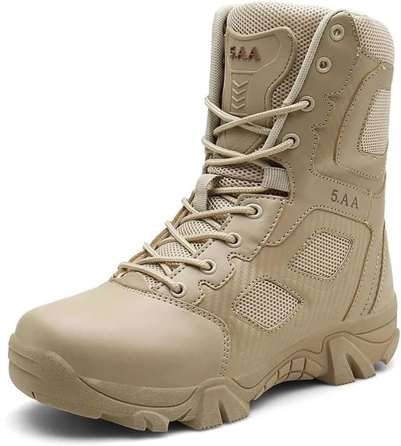 GEXECEUSS Men's Military Tactical Boots Lightweight Combat Outdoor Rubber Outsole Boots Desert Boots Side Zip Leather Cargo Boots