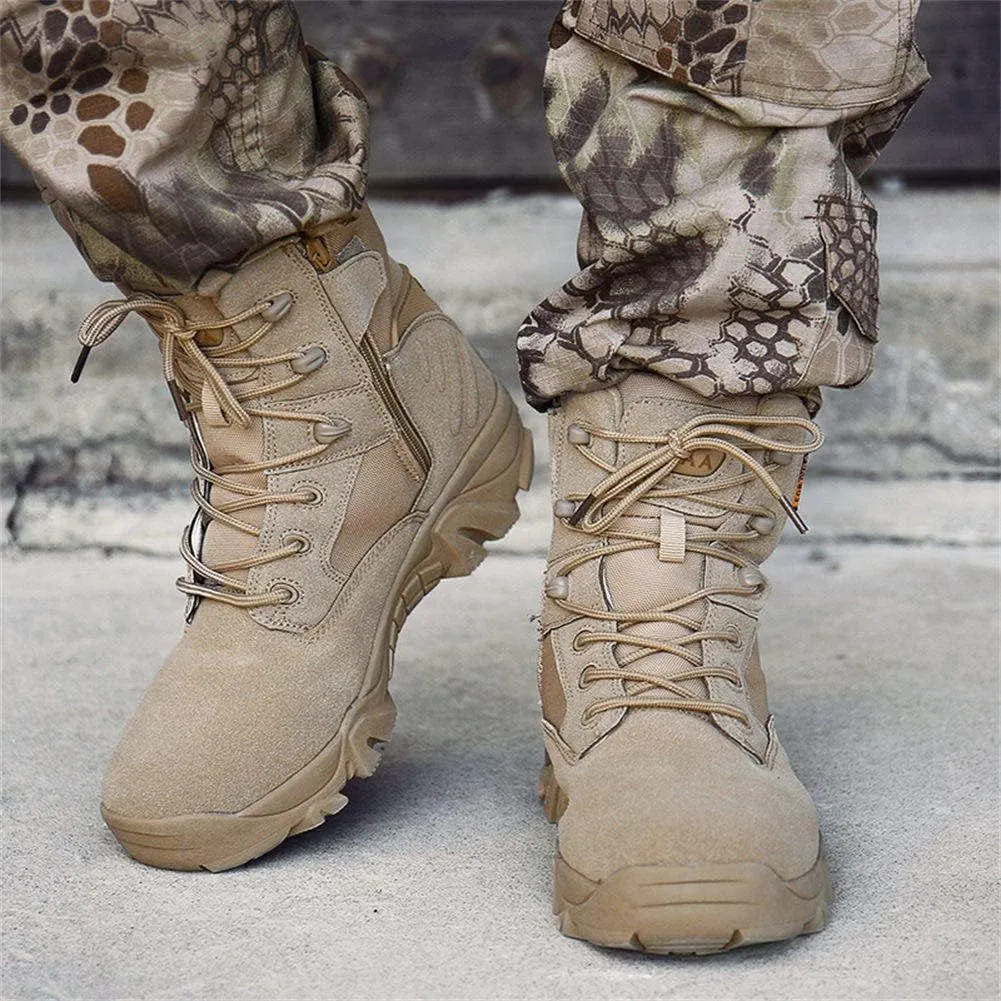 GEXECEUSS Men's Military Tactical Boots Lightweight Combat Outdoor Rubber Outsole Boots Desert Boots Side Zip Leather Cargo Boots