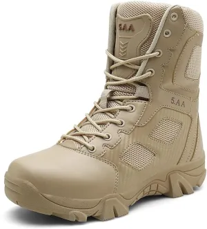 GEXECEUSS Men's Military Tactical Boots Lightweight Combat Outdoor Rubber Outsole Boots Desert Boots Side Zip Leather Cargo Boots