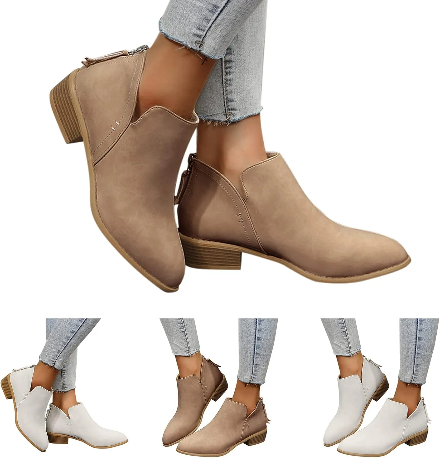 Gibobby Ankle Booties for Women Flat,Hollow Ankle Boots Low Chunky Block Stacked Heel Boots Slip On Pointed Toe Western Shoes