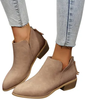 Gibobby Ankle Booties for Women Flat,Hollow Ankle Boots Low Chunky Block Stacked Heel Boots Slip On Pointed Toe Western Shoes