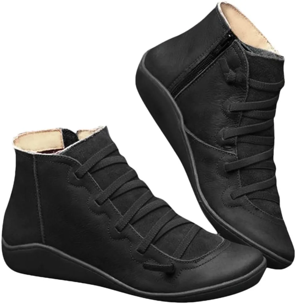 Gibobby Ankle Booties for Women No Heel,Casual Shoes Ankle Boots Round Toe Flat Retro Boots Side Zipper Booties