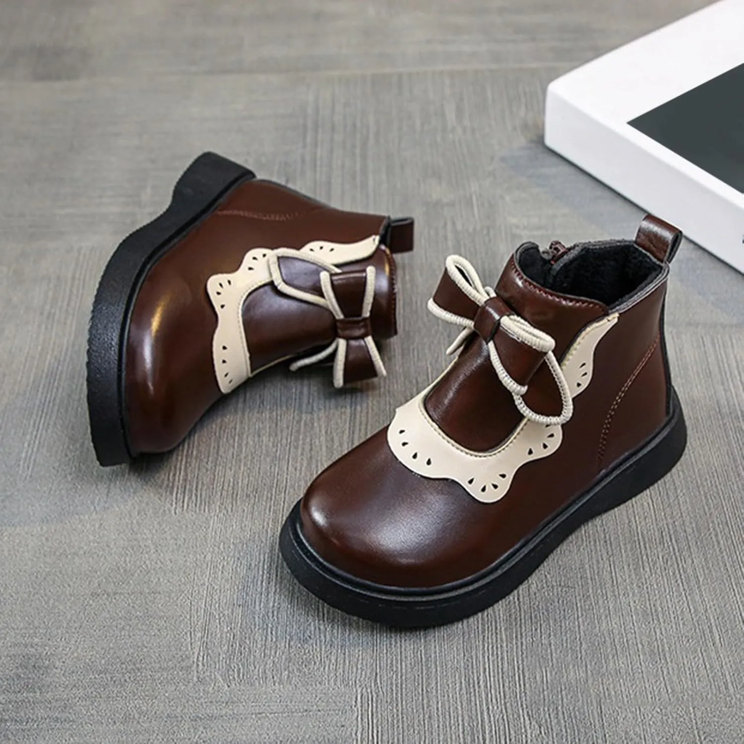 Girls Bow Mary Jane Boots Leather Side Zipper Ankle Boots Non Slip Sort Sole Comfortable Waterproof Short Boots