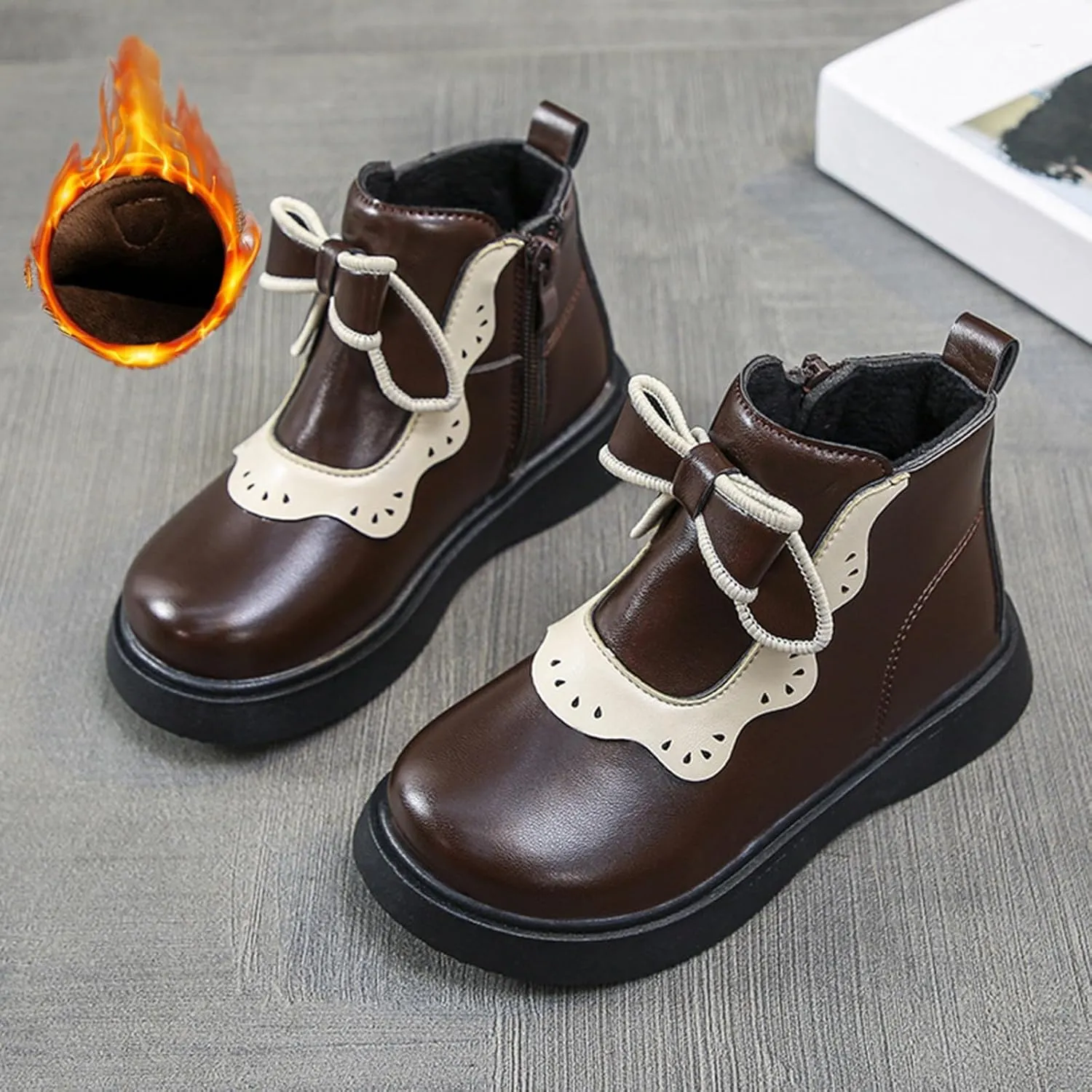Girls Bow Mary Jane Boots Leather Side Zipper Ankle Boots Non Slip Sort Sole Comfortable Waterproof Short Boots