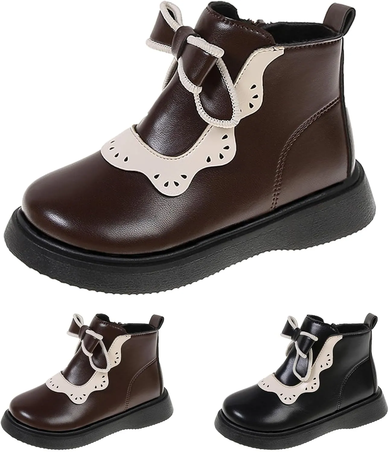 Girls Bow Mary Jane Boots Leather Side Zipper Ankle Boots Non Slip Sort Sole Comfortable Waterproof Short Boots