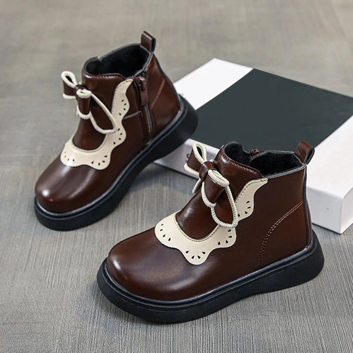 Girls Bow Mary Jane Boots Leather Side Zipper Ankle Boots Non Slip Sort Sole Comfortable Waterproof Short Boots