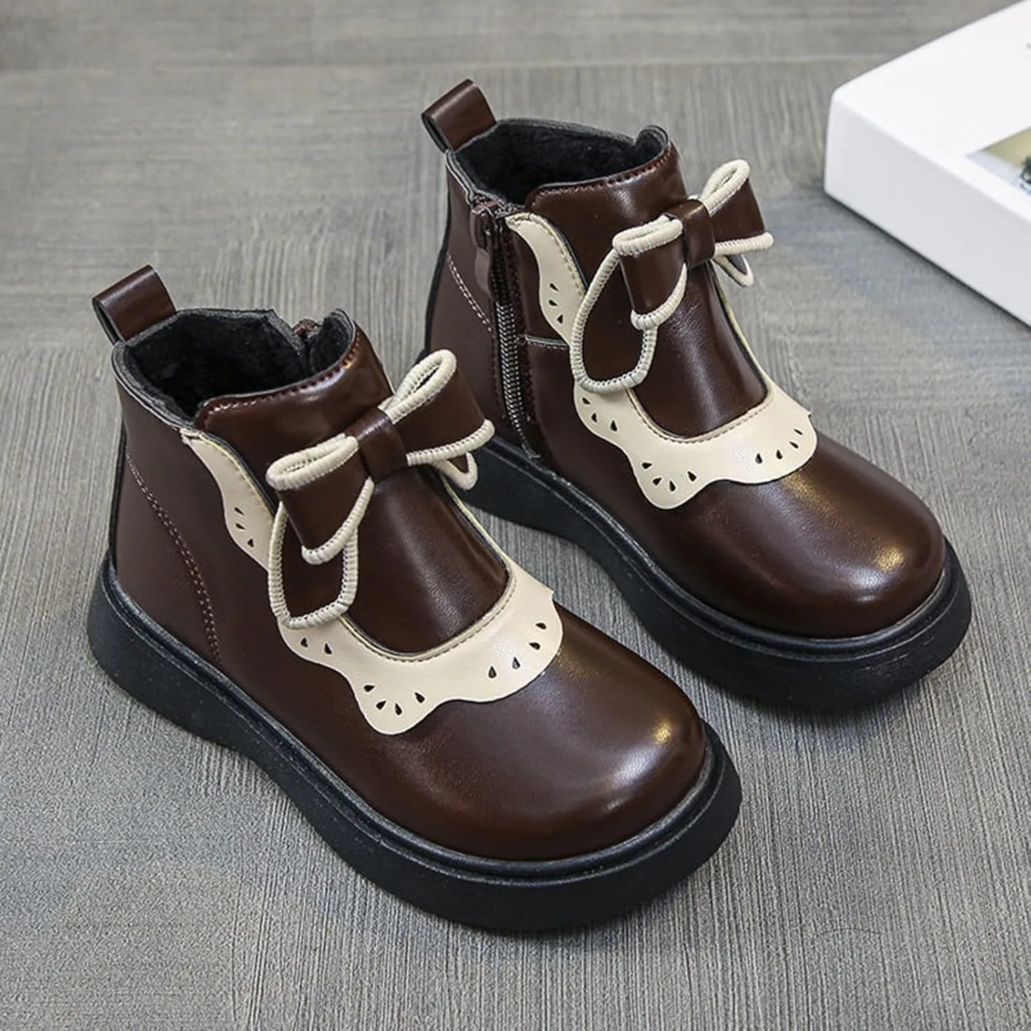 Girls Bow Mary Jane Boots Leather Side Zipper Ankle Boots Non Slip Sort Sole Comfortable Waterproof Short Boots
