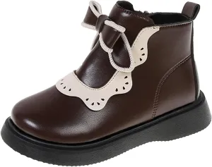 Girls Bow Mary Jane Boots Leather Side Zipper Ankle Boots Non Slip Sort Sole Comfortable Waterproof Short Boots