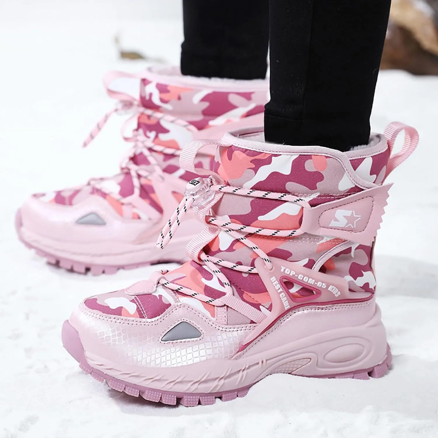 Girls Boys Winter Boots Waterproof Hiking Snow Boots Warm Fur Lined Outdoor Non-Slip Snow Boot for Little Kids