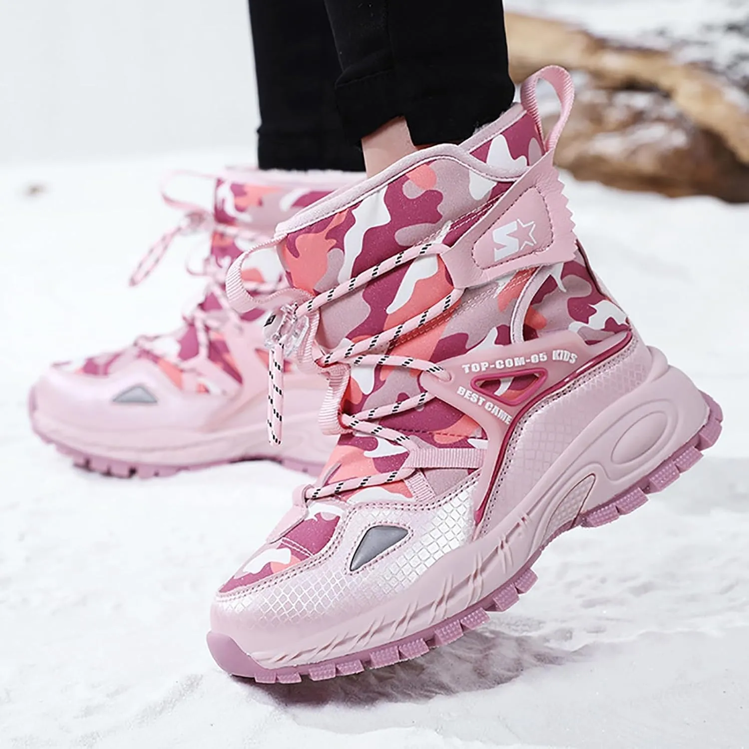 Girls Boys Winter Boots Waterproof Hiking Snow Boots Warm Fur Lined Outdoor Non-Slip Snow Boot for Little Kids