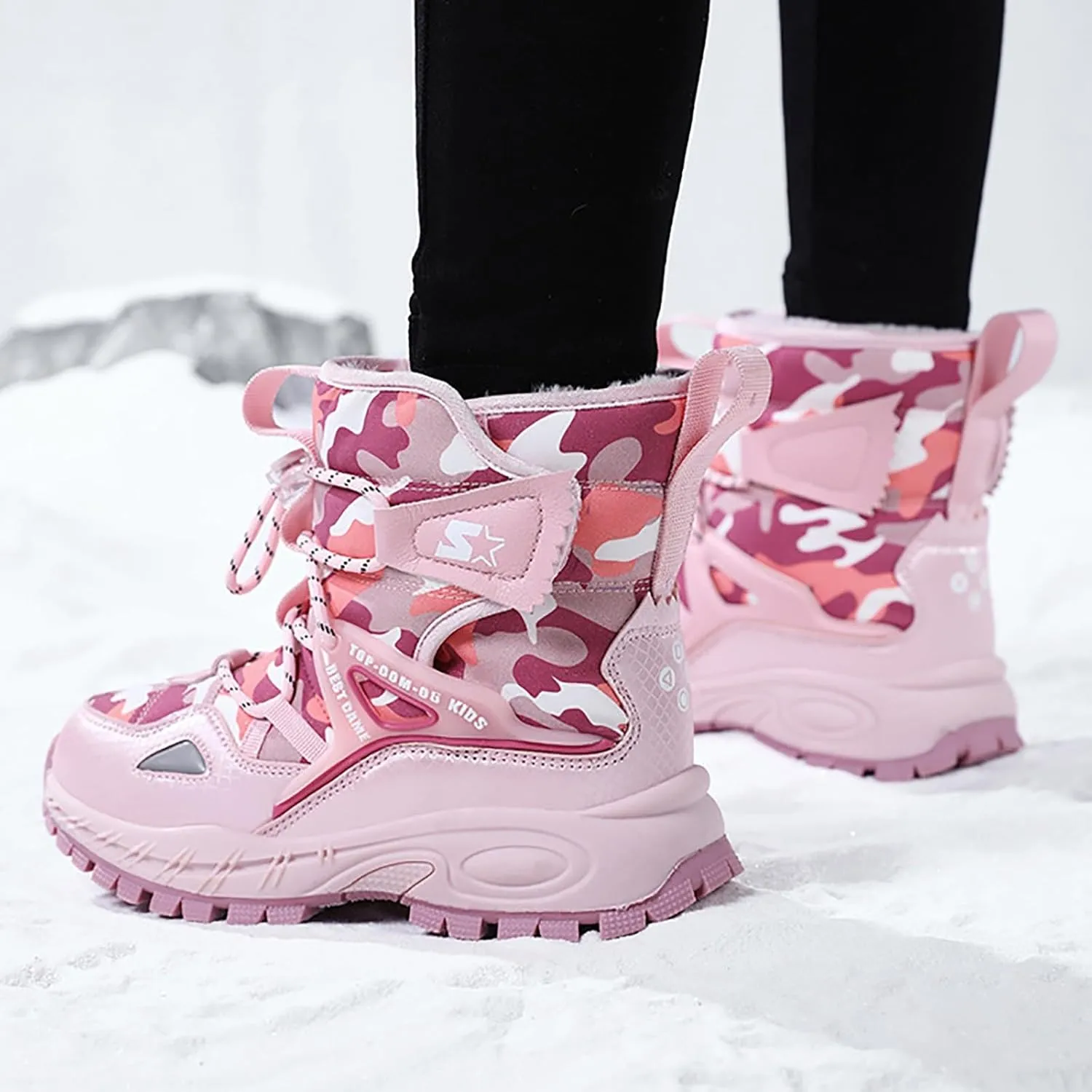 Girls Boys Winter Boots Waterproof Hiking Snow Boots Warm Fur Lined Outdoor Non-Slip Snow Boot for Little Kids