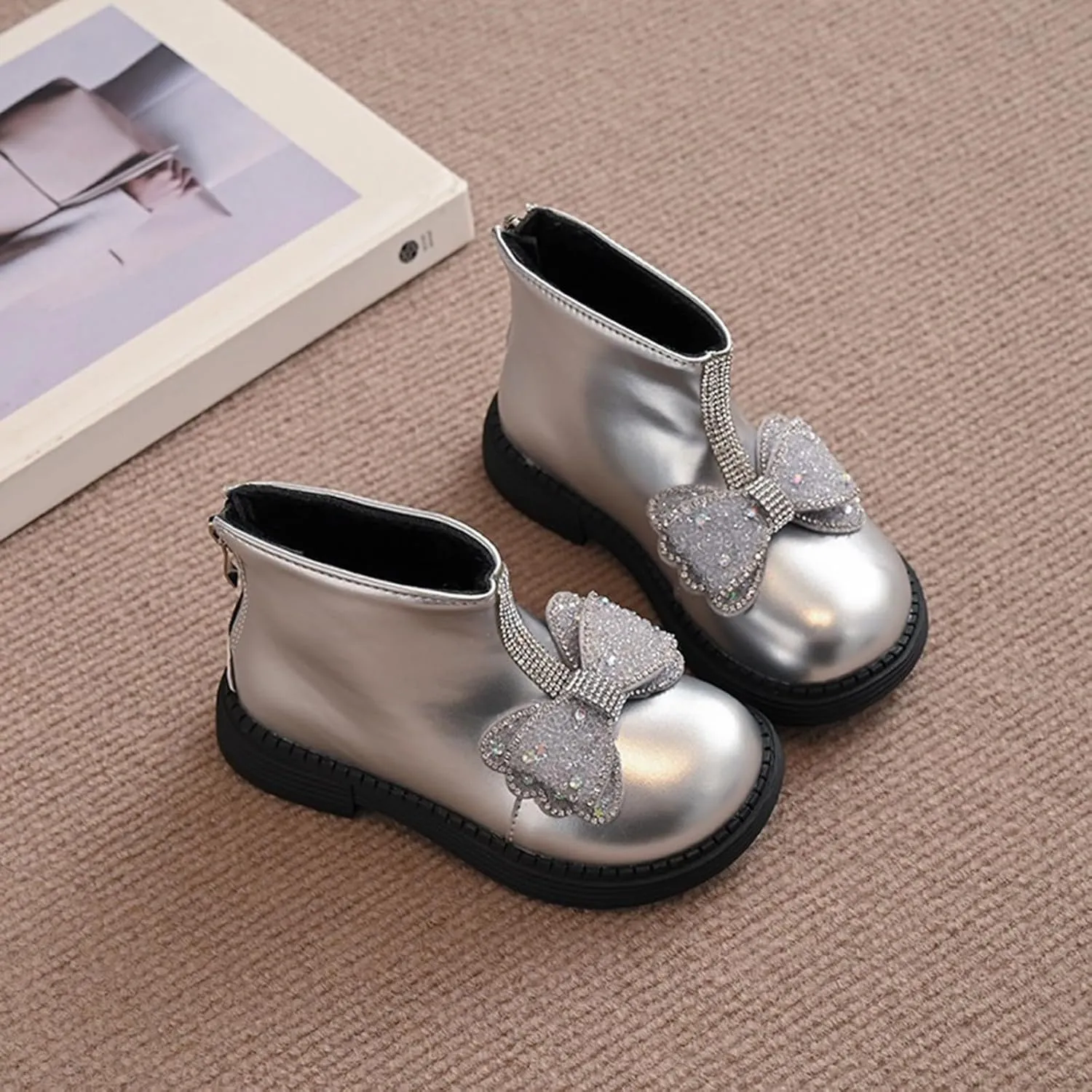 Girls Leather Mary Jane Boots Back Zipper Short Boots Winter Soft Bottom Boots Waterproof Non Slip Low Calf Boots