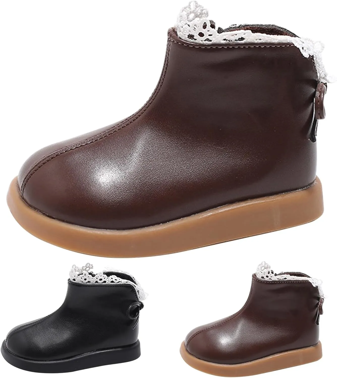 Girls Leather Mary Jane Boots Waterproof Non Slip Low Calf Boots Side Zipper Sort Sole Flat Boots Winter Boots