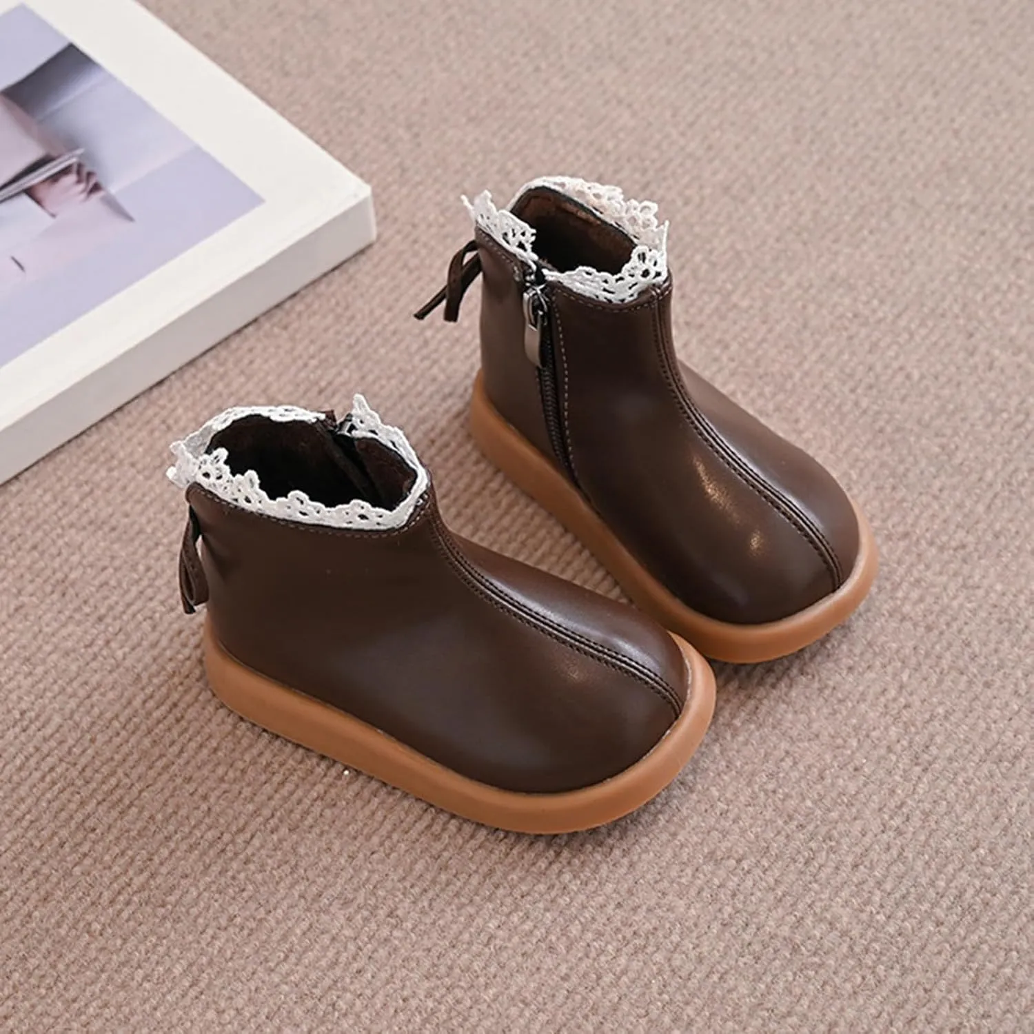 Girls Leather Mary Jane Boots Waterproof Non Slip Low Calf Boots Side Zipper Sort Sole Flat Boots Winter Boots