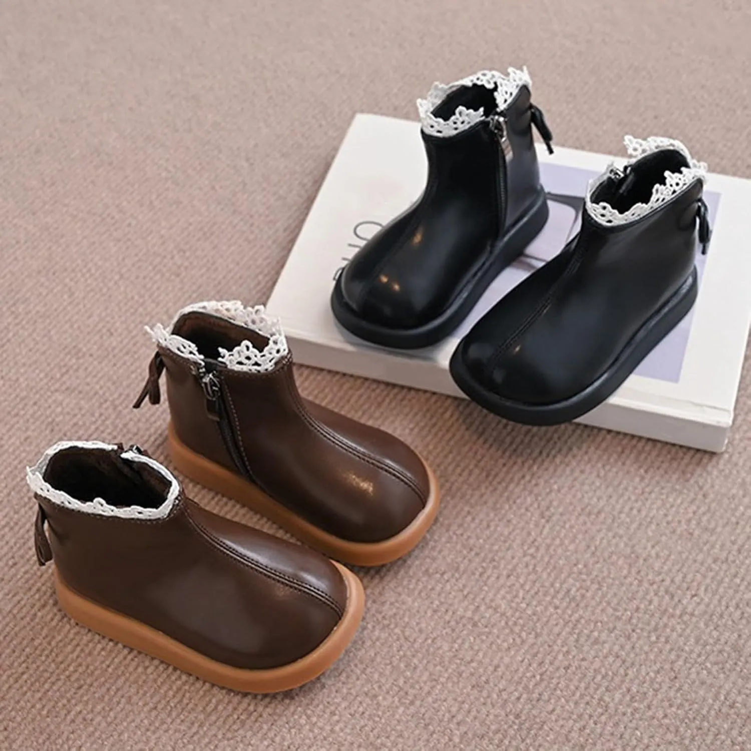 Girls Leather Mary Jane Boots Waterproof Non Slip Low Calf Boots Side Zipper Sort Sole Flat Boots Winter Boots