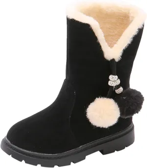 Girls Winter Boots Kids Casual Fleece Lined Outdoor Snow Boots Cute Mid Calf Princess Boot Warm Shoes with Pom Poms