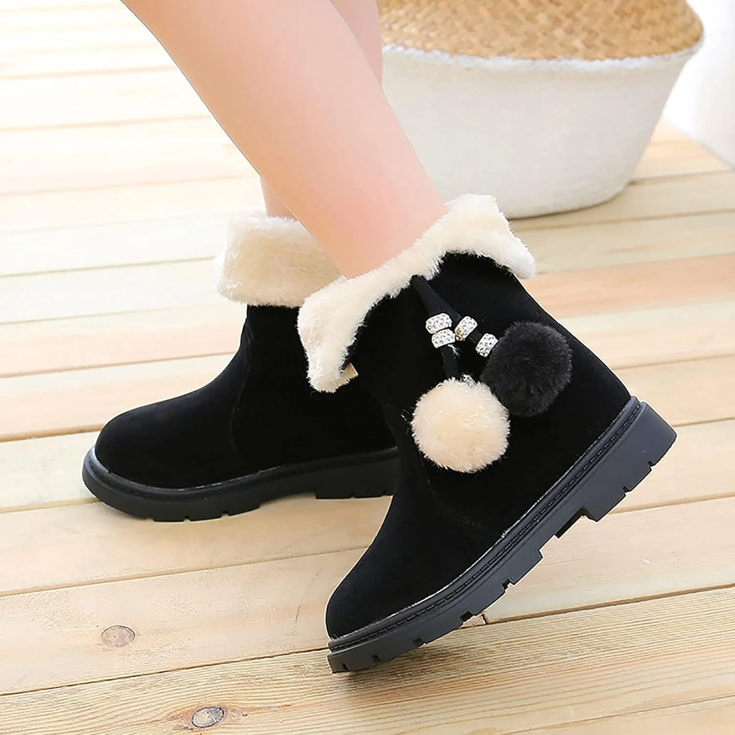 Girls Winter Boots Kids Casual Fleece Lined Outdoor Snow Boots Cute Mid Calf Princess Boot Warm Shoes with Pom Poms