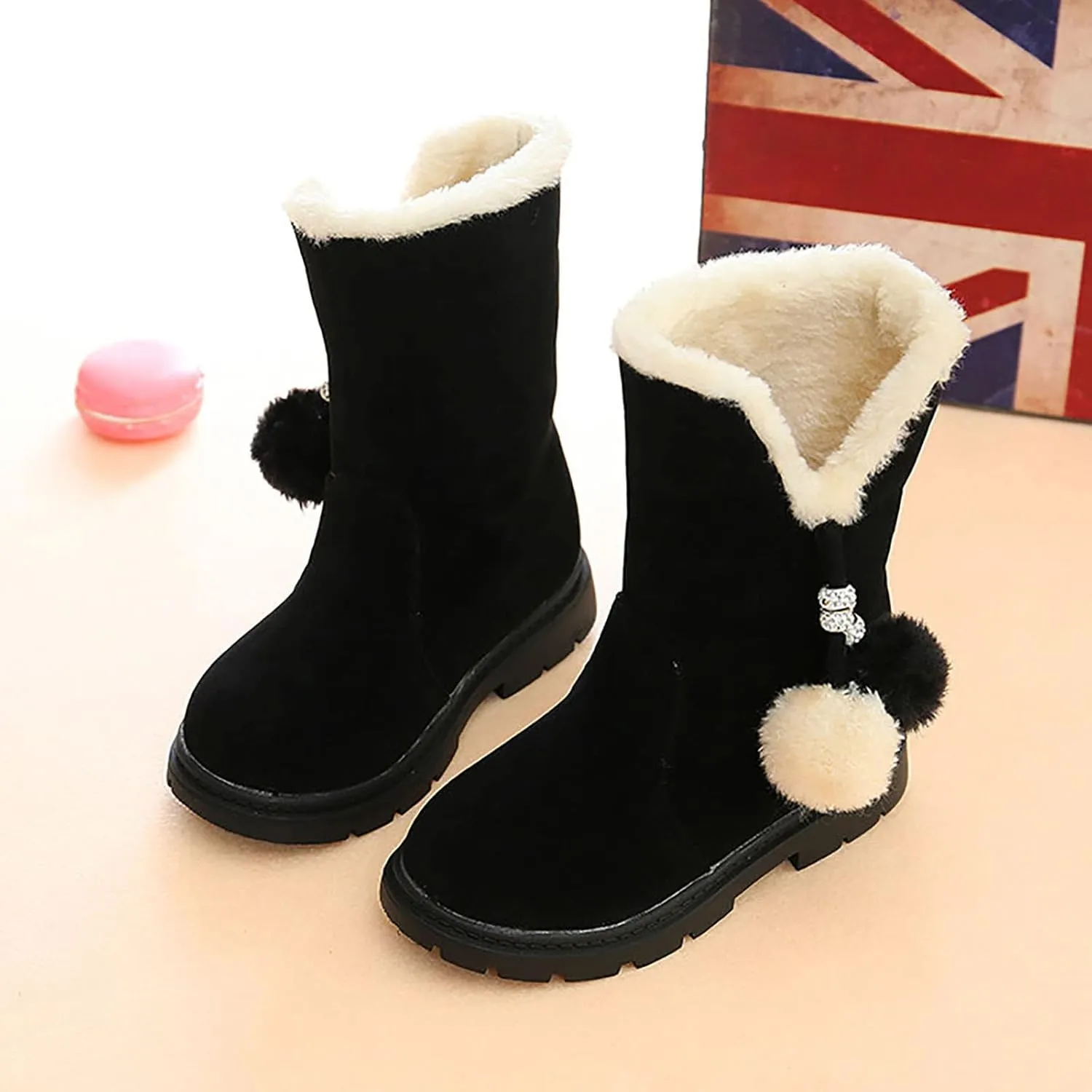 Girls Winter Boots Kids Casual Fleece Lined Outdoor Snow Boots Cute Mid Calf Princess Boot Warm Shoes with Pom Poms