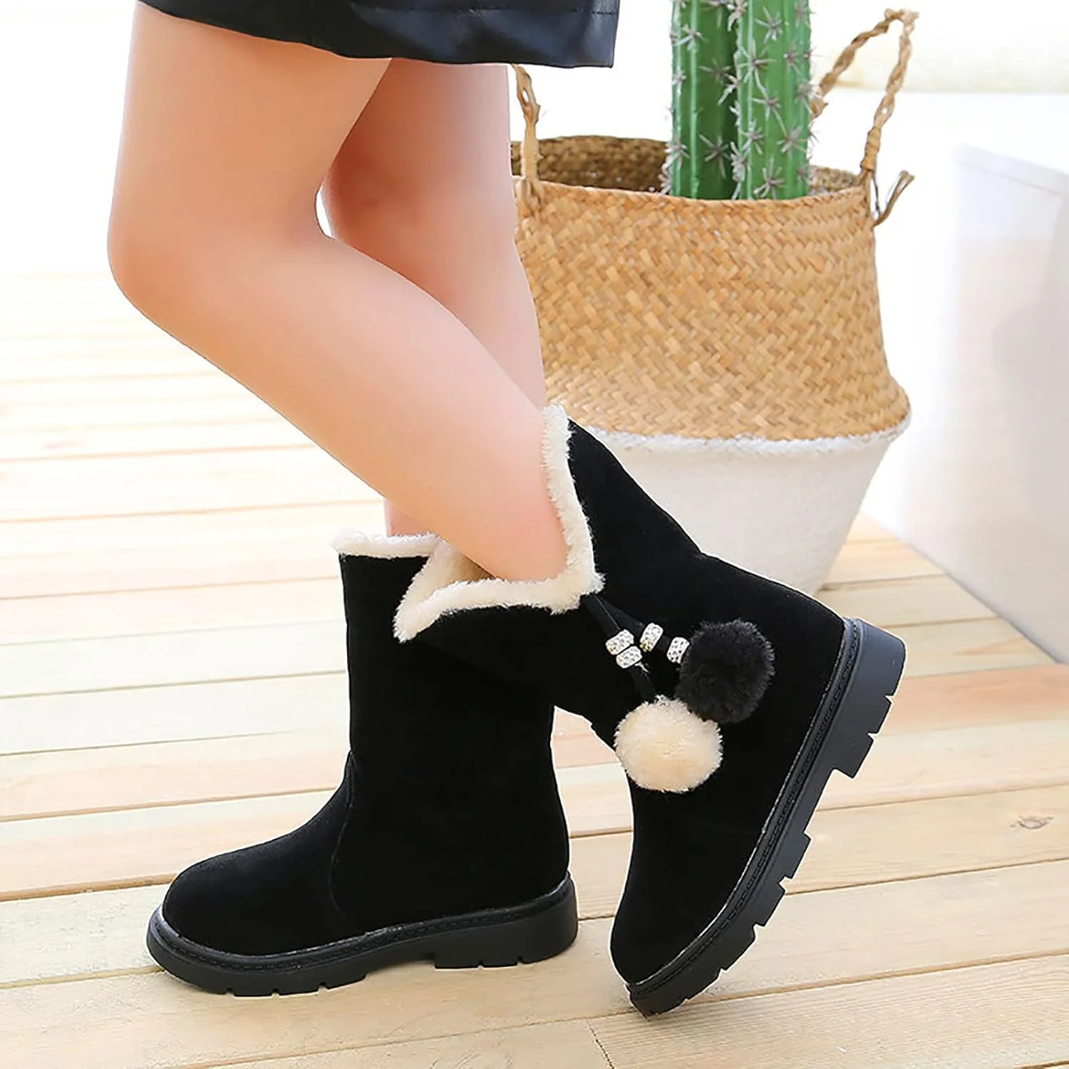 Girls Winter Boots Kids Casual Fleece Lined Outdoor Snow Boots Cute Mid Calf Princess Boot Warm Shoes with Pom Poms