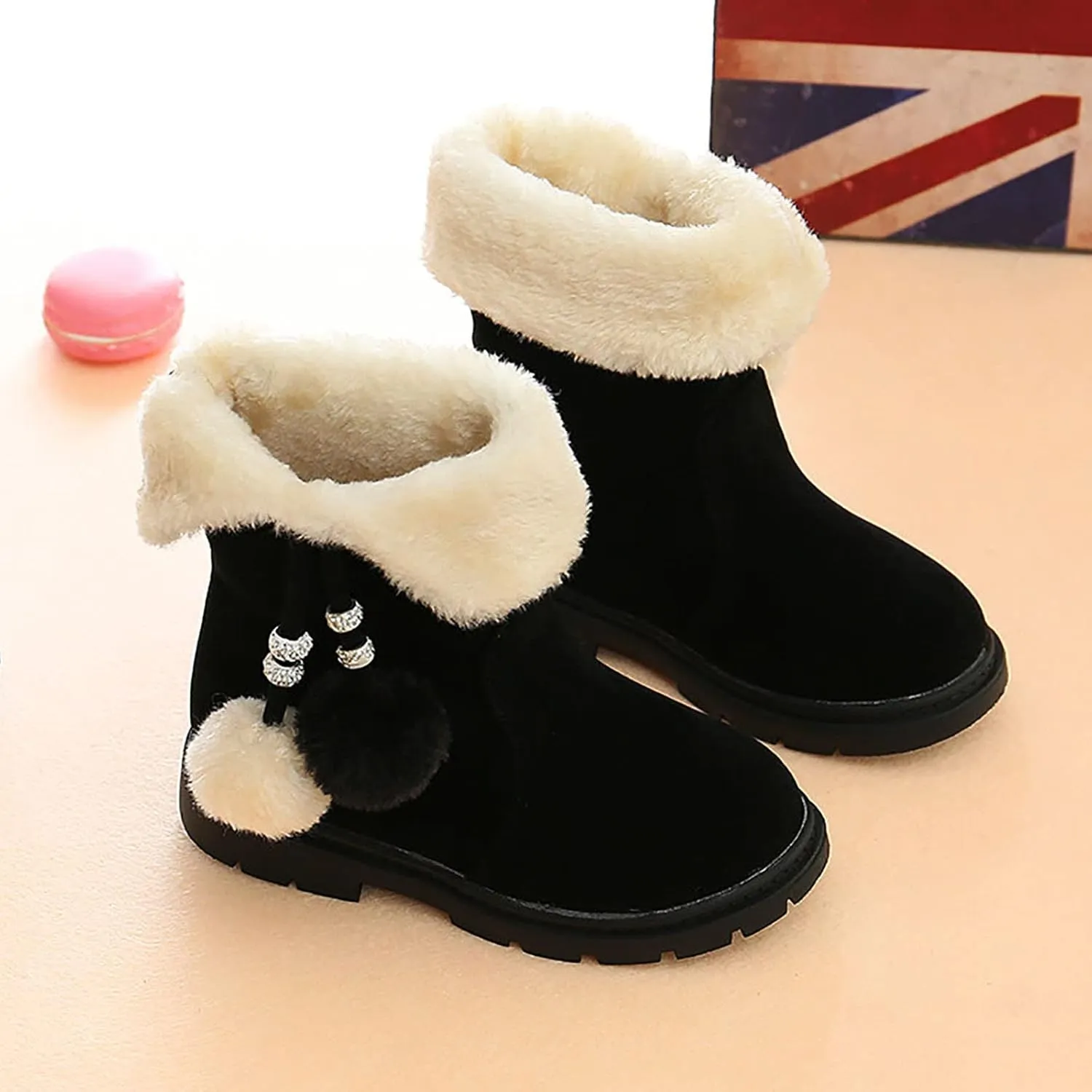 Girls Winter Boots Kids Casual Fleece Lined Outdoor Snow Boots Cute Mid Calf Princess Boot Warm Shoes with Pom Poms