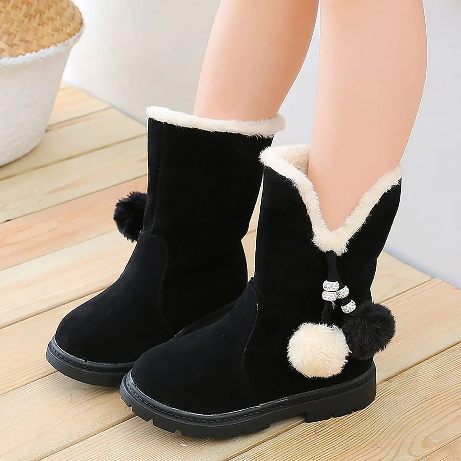 Girls Winter Boots Kids Casual Fleece Lined Outdoor Snow Boots Cute Mid Calf Princess Boot Warm Shoes with Pom Poms