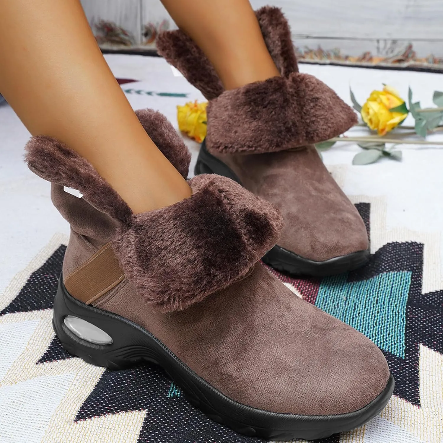HINDOLA Winter Snow Boots for Women Faux Fur Waterproof Cold-Resistant Warm Boots Walking Hiking Booties Ladies Cozy Short Boots Outdoor