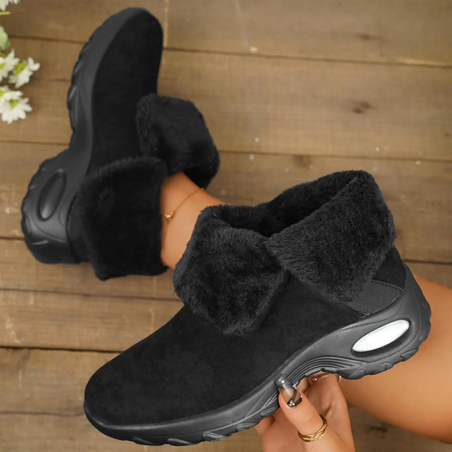 HINDOLA Winter Snow Boots for Women Faux Fur Waterproof Cold-Resistant Warm Boots Walking Hiking Booties Ladies Cozy Short Boots Outdoor