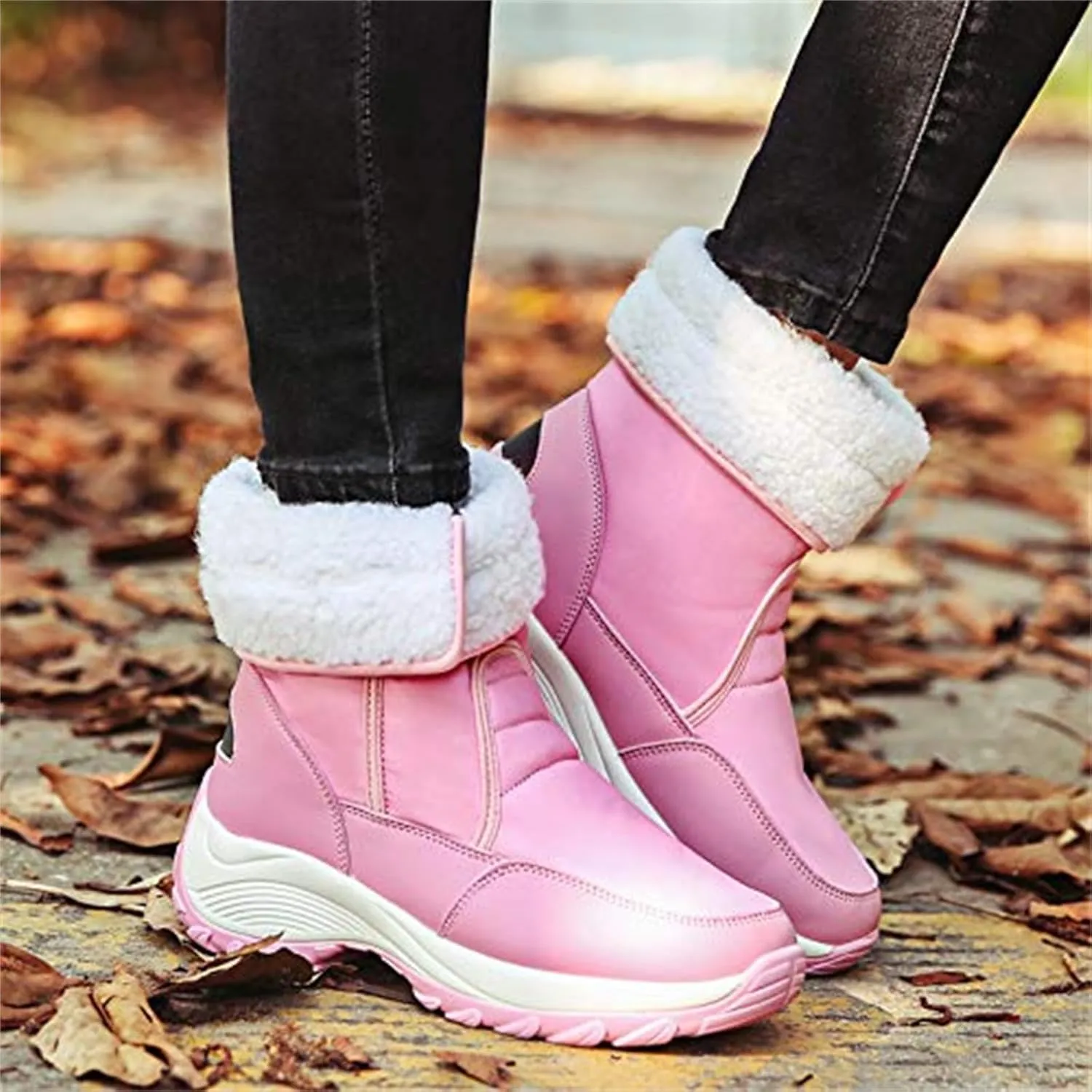 HINDOLA Women Warm Winter Snow Boots Waterproof Outdoor Fleece Fur Lined Shoes Cold-Resistant Mid-Calf Boots Non Slip Hiking Sneaker Booties