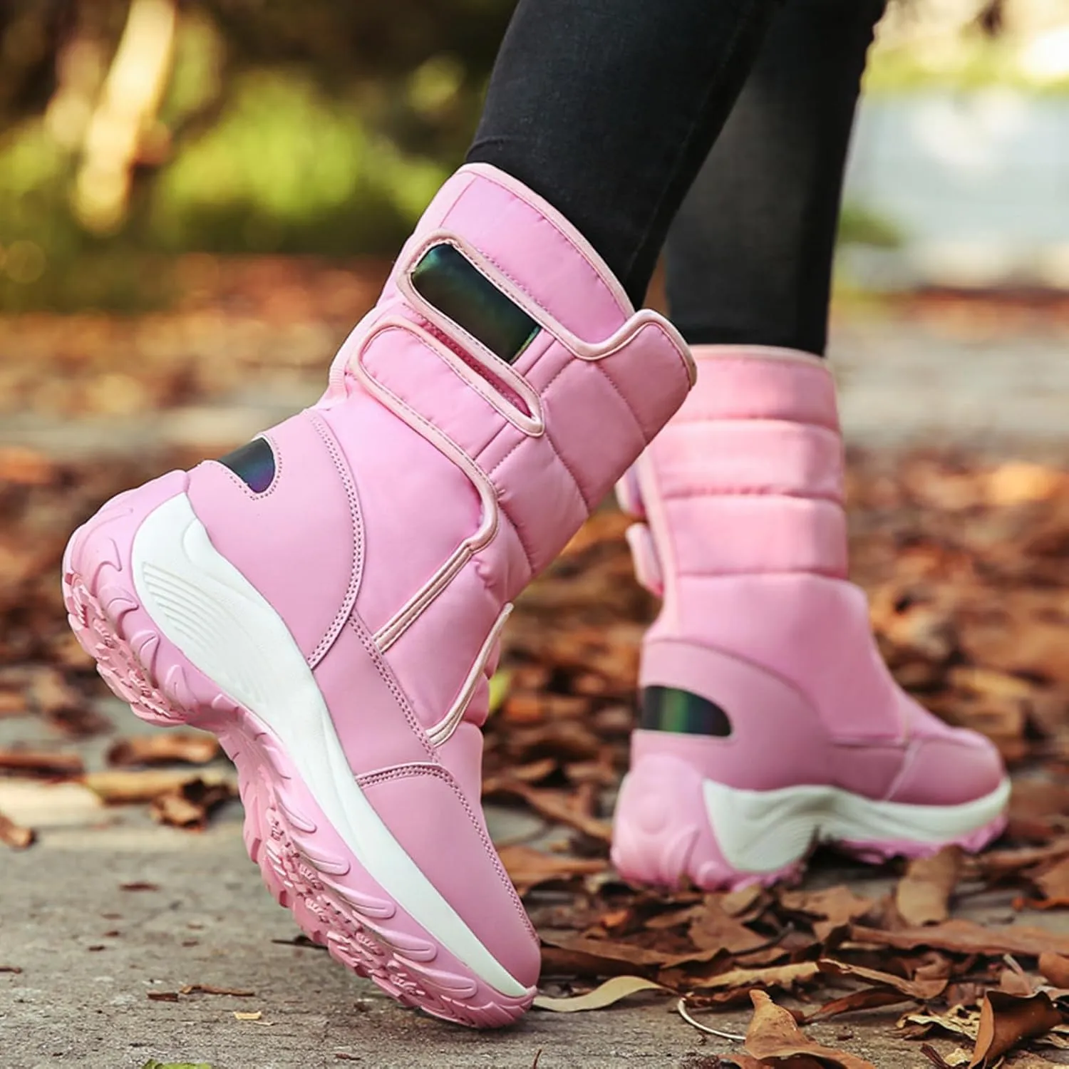 HINDOLA Women Warm Winter Snow Boots Waterproof Outdoor Fleece Fur Lined Shoes Cold-Resistant Mid-Calf Boots Non Slip Hiking Sneaker Booties