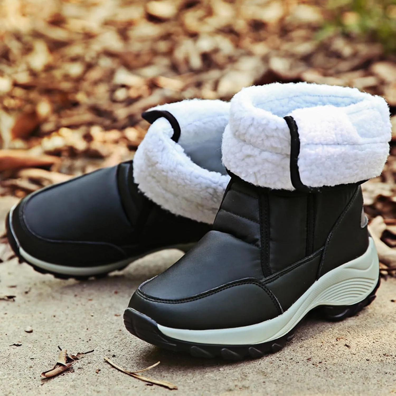 HINDOLA Women Warm Winter Snow Boots Waterproof Outdoor Fleece Fur Lined Shoes Cold-Resistant Mid-Calf Boots Non Slip Hiking Sneaker Booties