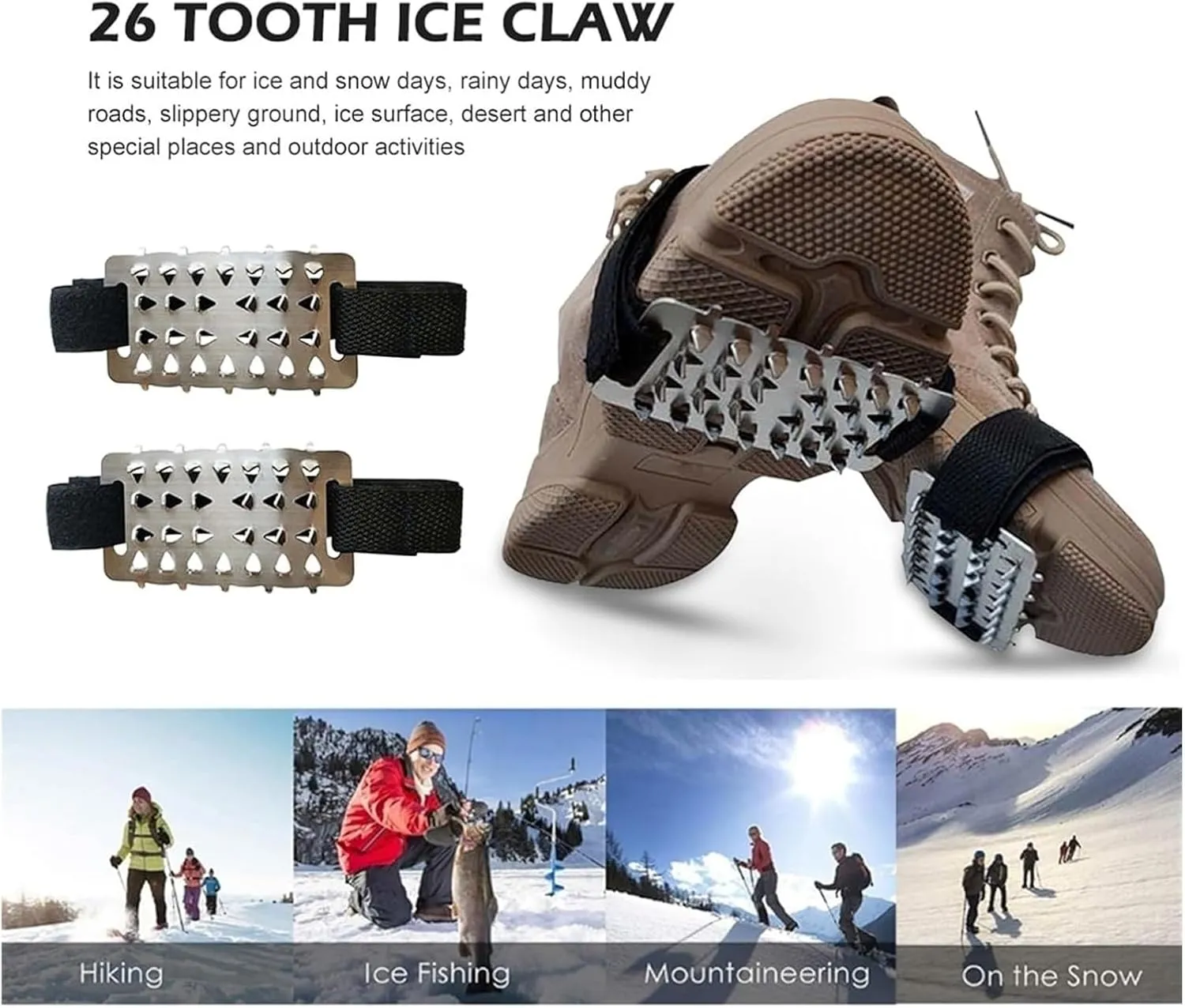 Ice Snow Grips Ice Cleats 26 Teeth Snow Ice Universal Outdoor Climbing Shoes Spikes Cleats Anti Slip Crampons Winter Fishing Hiking Anti Slip Shoes Cover