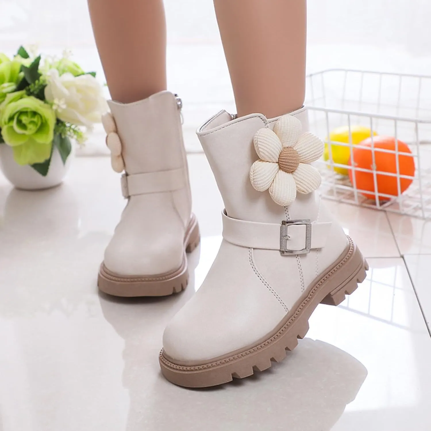 Kids Ankle Boots for Girls Chunky Low Block Heel Short Dress Booties Kids Lightweight Hiking Shoes with Side Zipper