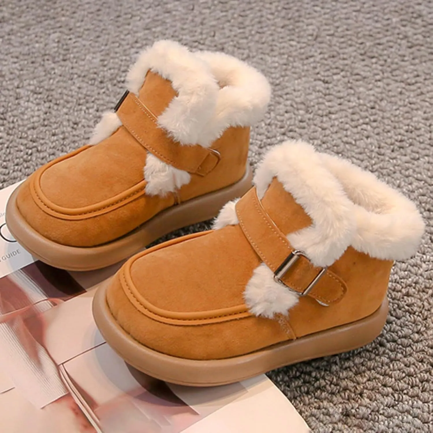 Kids Furry Warm Winter Ankle Boots Boys Girls Cozy Fleece Plush Soft Fuzzy Fr Collar Snow-Proof Platform Shoes