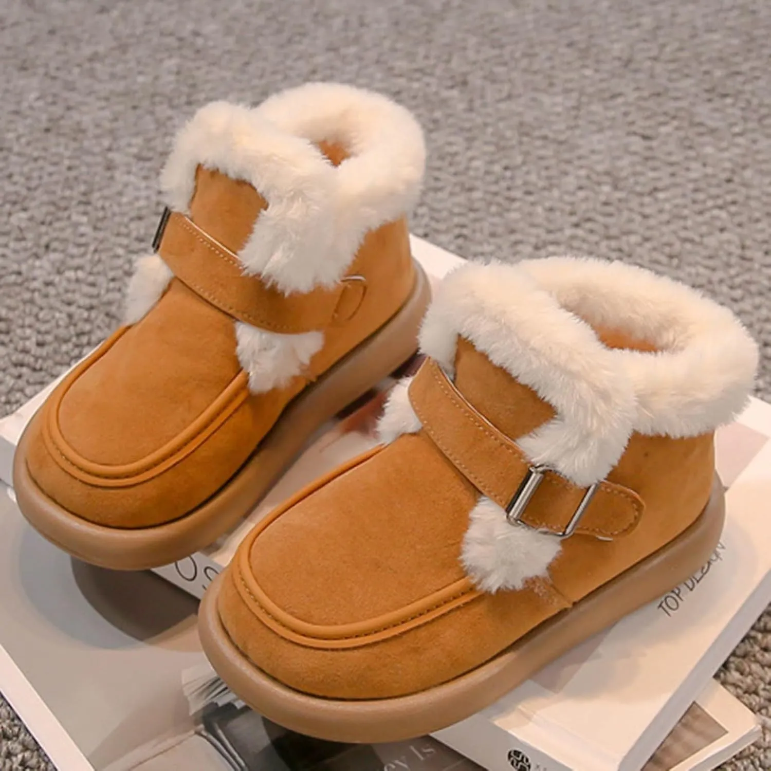 Kids Furry Warm Winter Ankle Boots Boys Girls Cozy Fleece Plush Soft Fuzzy Fr Collar Snow-Proof Platform Shoes