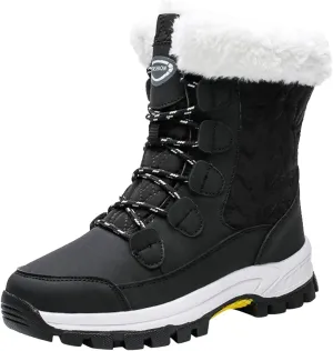 Lace Up Mid Calf Snow Boots for Women Fleece Lined Warm Water Proof Boots Thick Bottom Non Slip Fuzzy Boots