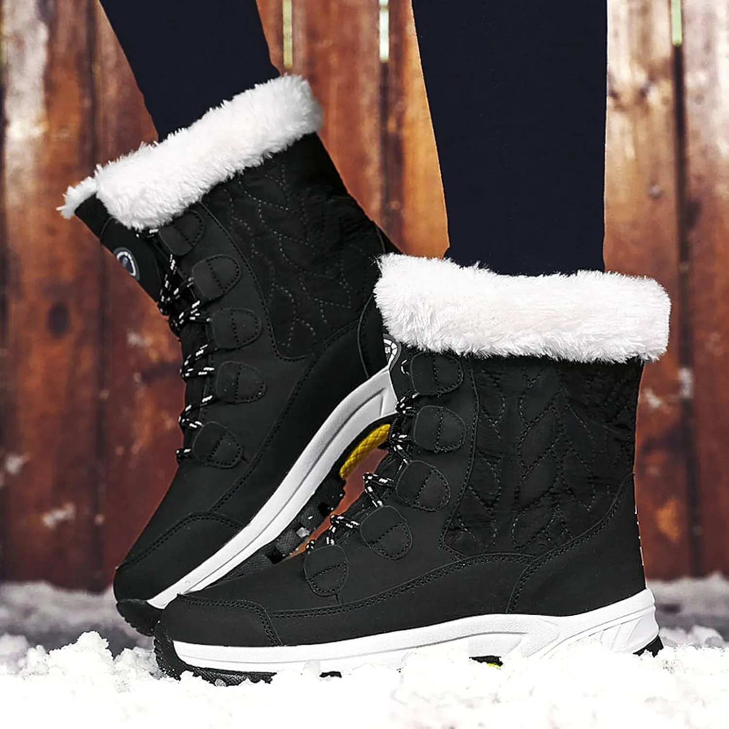 Lace Up Mid Calf Snow Boots for Women Fleece Lined Warm Water Proof Boots Thick Bottom Non Slip Fuzzy Boots
