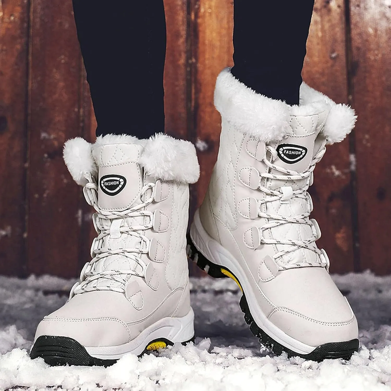 Lace Up Mid Calf Snow Boots for Women Fleece Lined Warm Water Proof Boots Thick Bottom Non Slip Fuzzy Boots