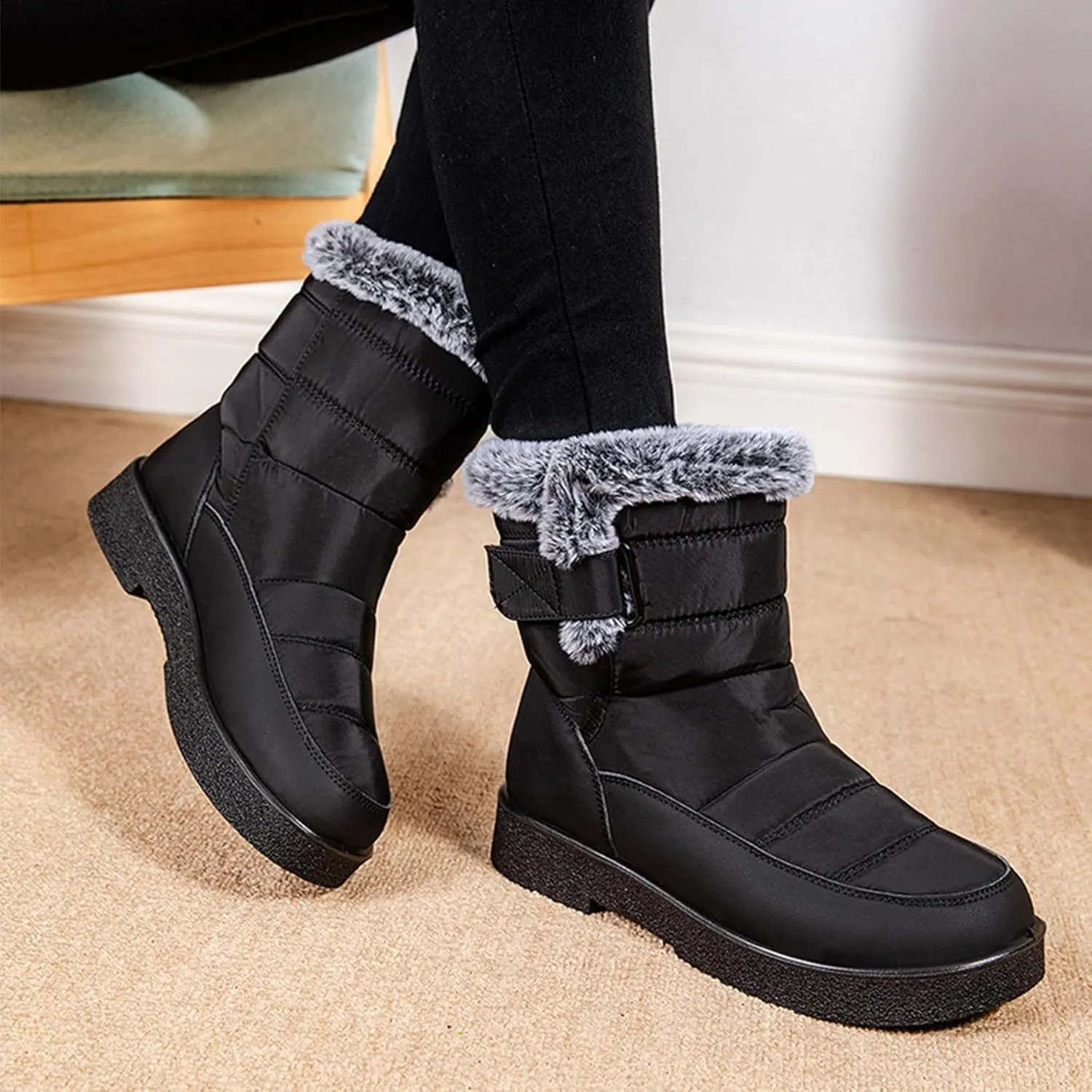 Ladies Fashion Winter Plush Insulation Solid Leather Thick Heeled Snow Boots W0mens Winter Boots Mid-Calf Booties