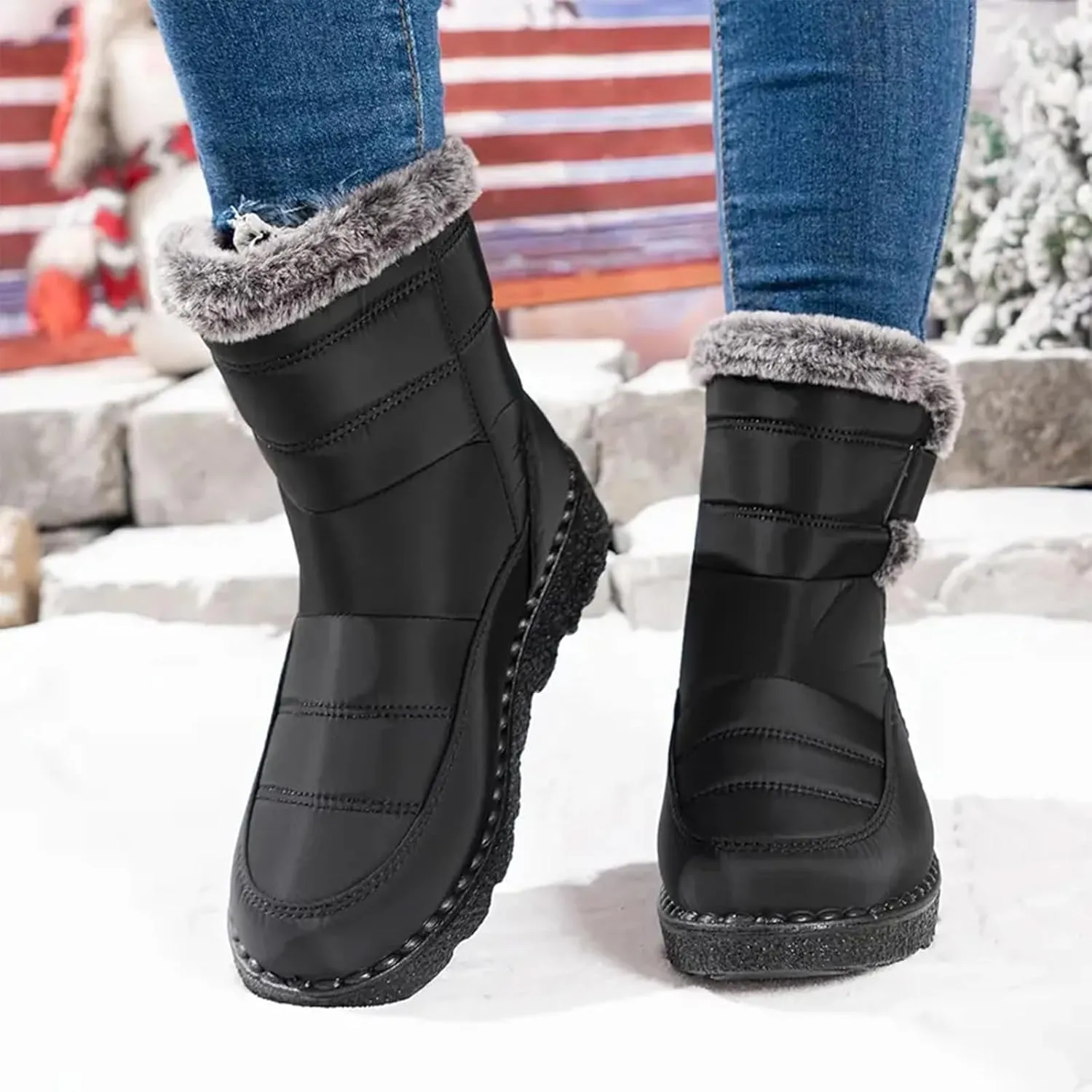 Ladies Fashion Winter Plush Insulation Solid Leather Thick Heeled Snow Boots W0mens Winter Boots Mid-Calf Booties