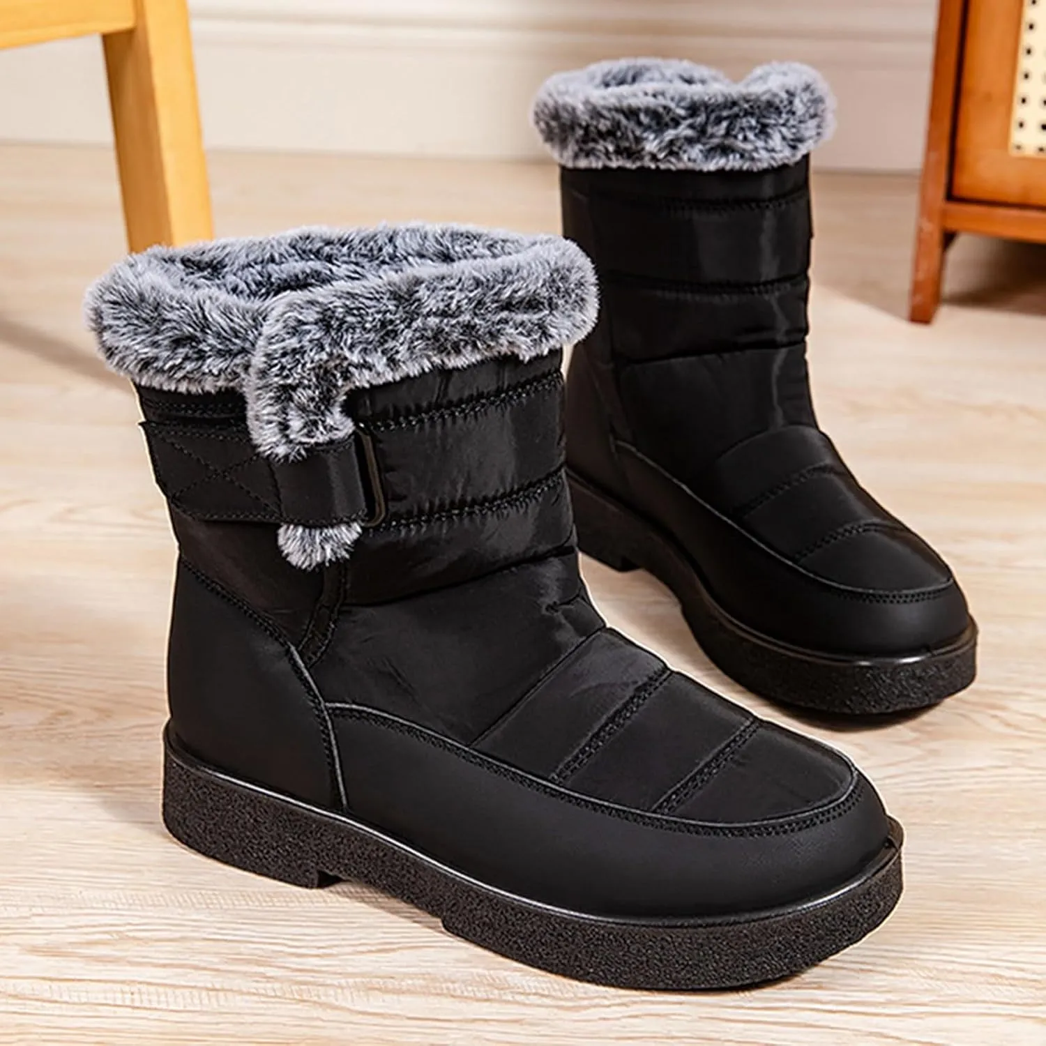 Ladies Fashion Winter Plush Insulation Solid Leather Thick Heeled Snow Boots W0mens Winter Boots Mid-Calf Booties