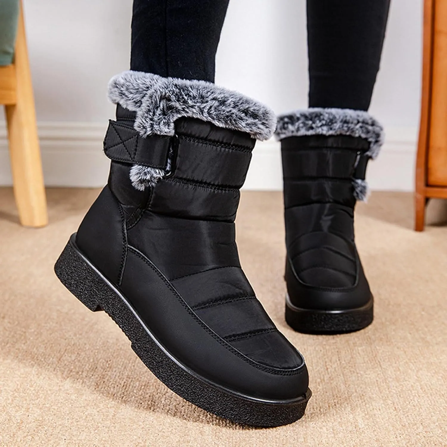 Ladies Fashion Winter Plush Insulation Solid Leather Thick Heeled Snow Boots W0mens Winter Boots Mid-Calf Booties
