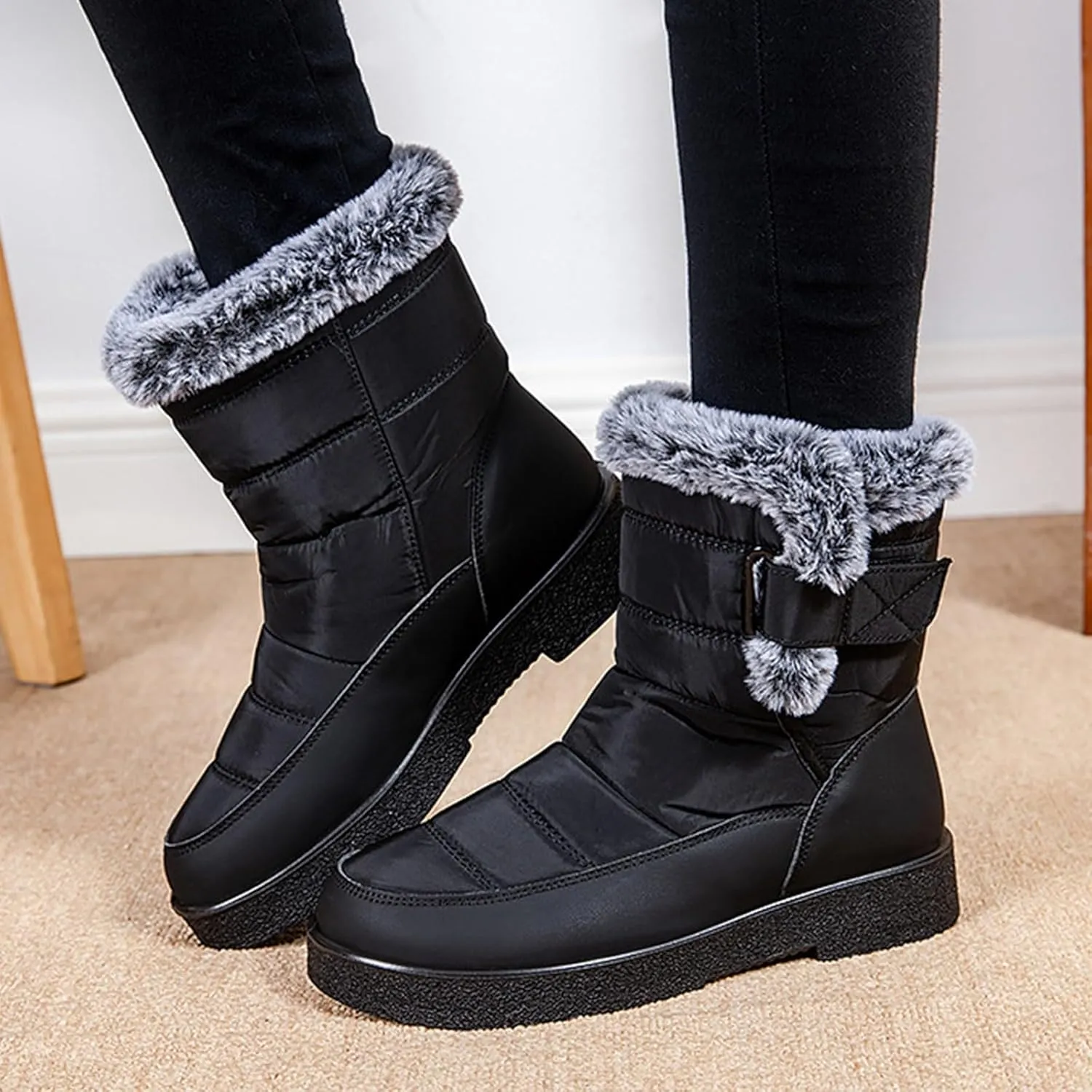 Ladies Fashion Winter Plush Insulation Solid Leather Thick Heeled Snow Boots W0mens Winter Boots Mid-Calf Booties