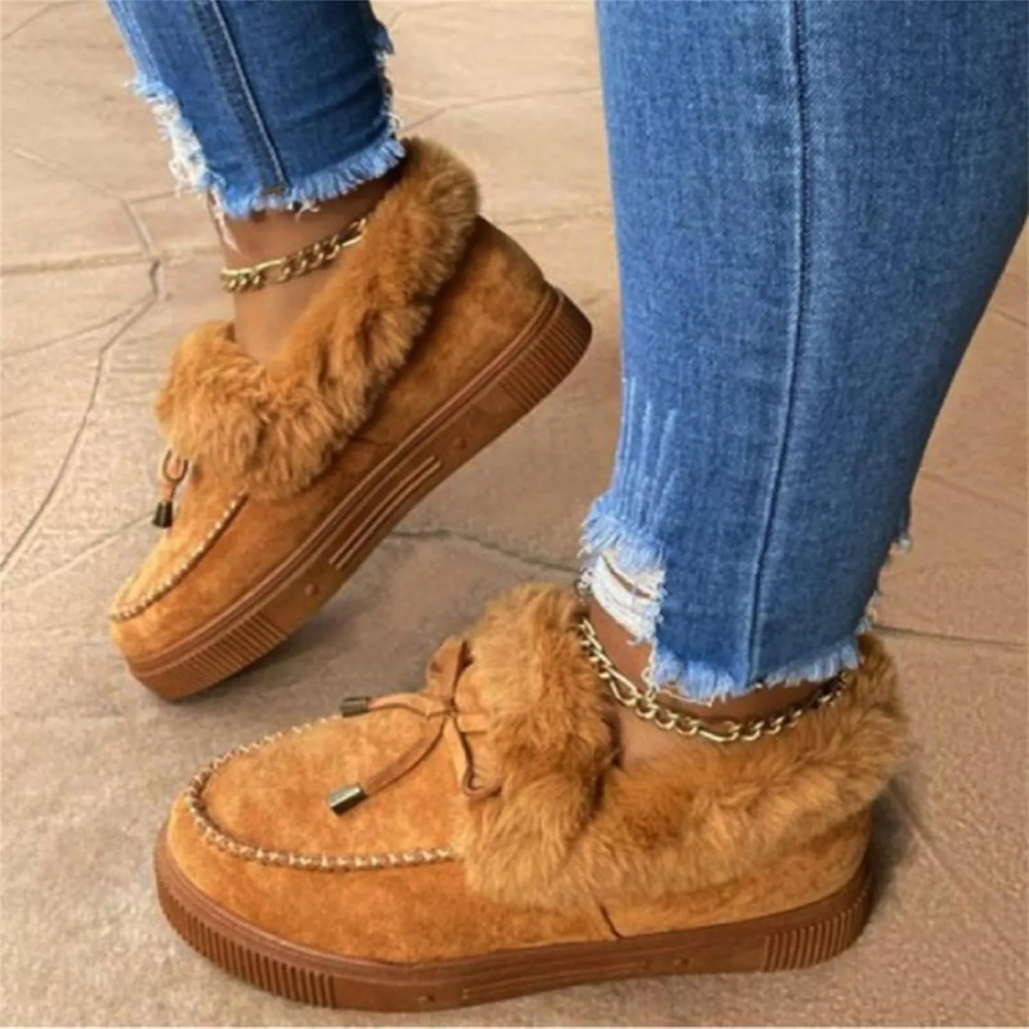 Ladmiple Booties For Women 2024 Snow Boots Winter Shoes Fur Lined Warm Slip On Ankle Boots Comfortable Walking Loafers Shoes