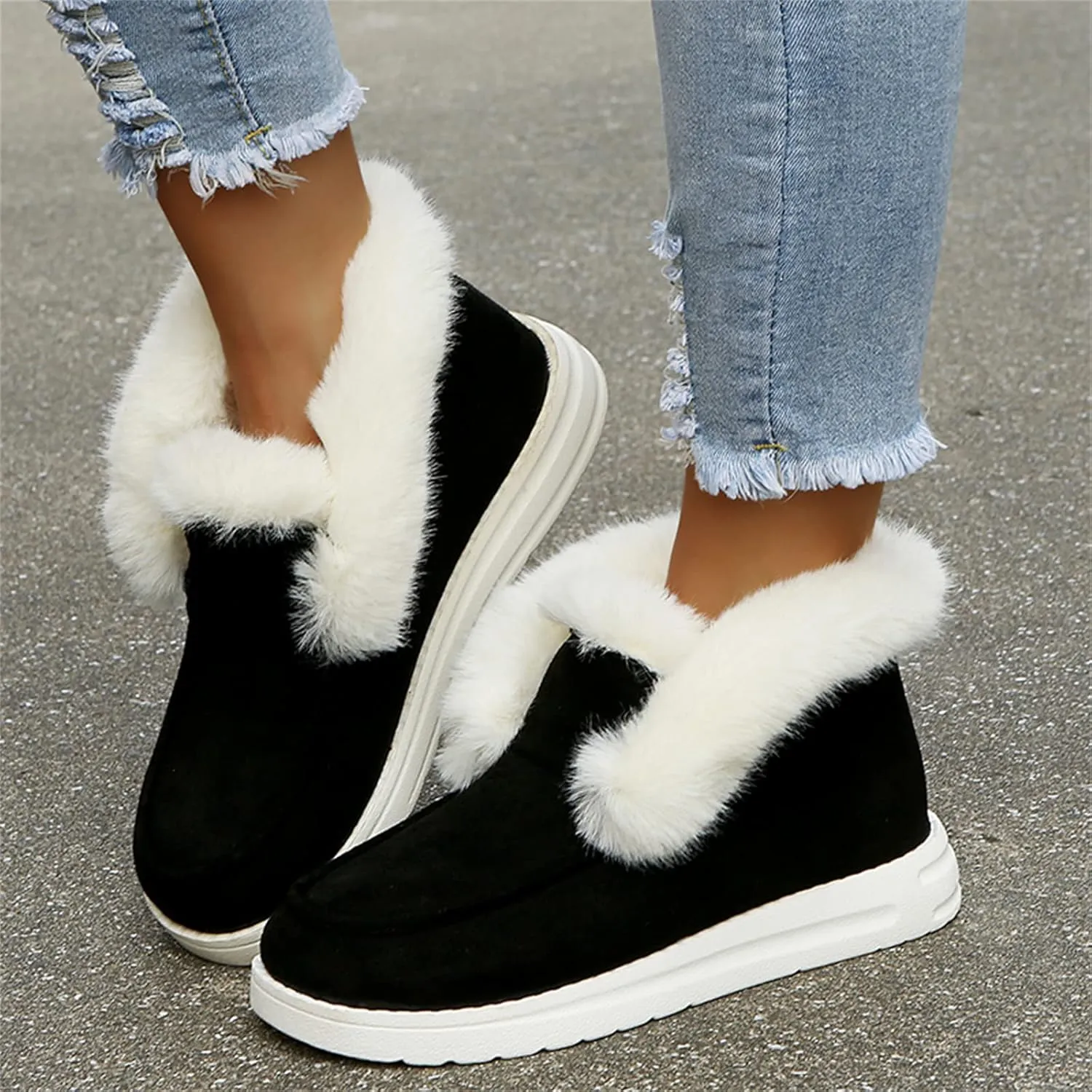 Lausiuoe Cute Winter Boots For Women Fashion Warm Fur Lined Snow Boots Outdoor Ankle Booties Casual Fuzzy Loafers Shoes 2024