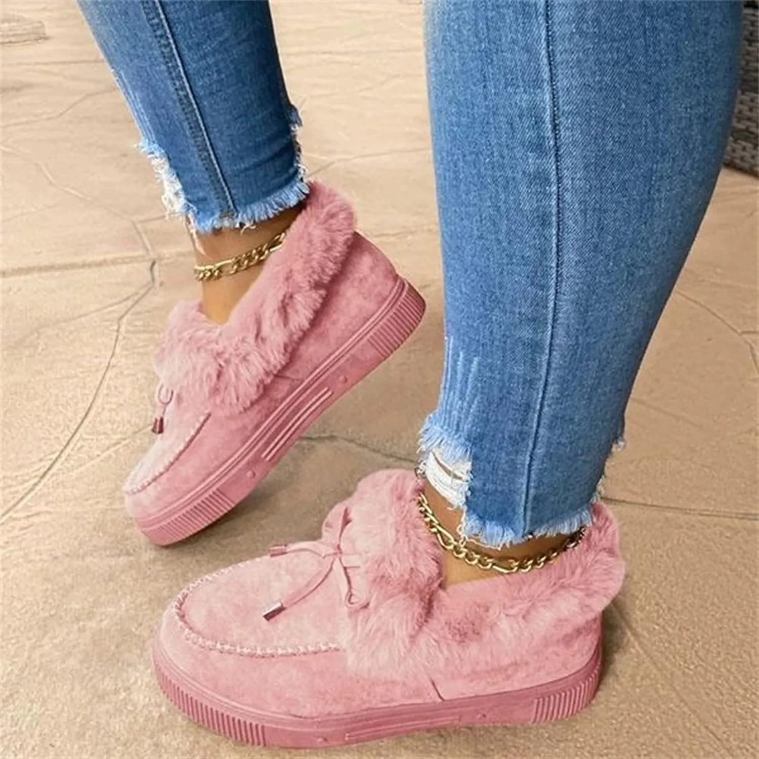 Lausiuoe Snow Boots For Women Wide Width Fluffy Fuzzy Ankle Booties Soft Memory Foam Pull on Fashion Casual Walking Shoes