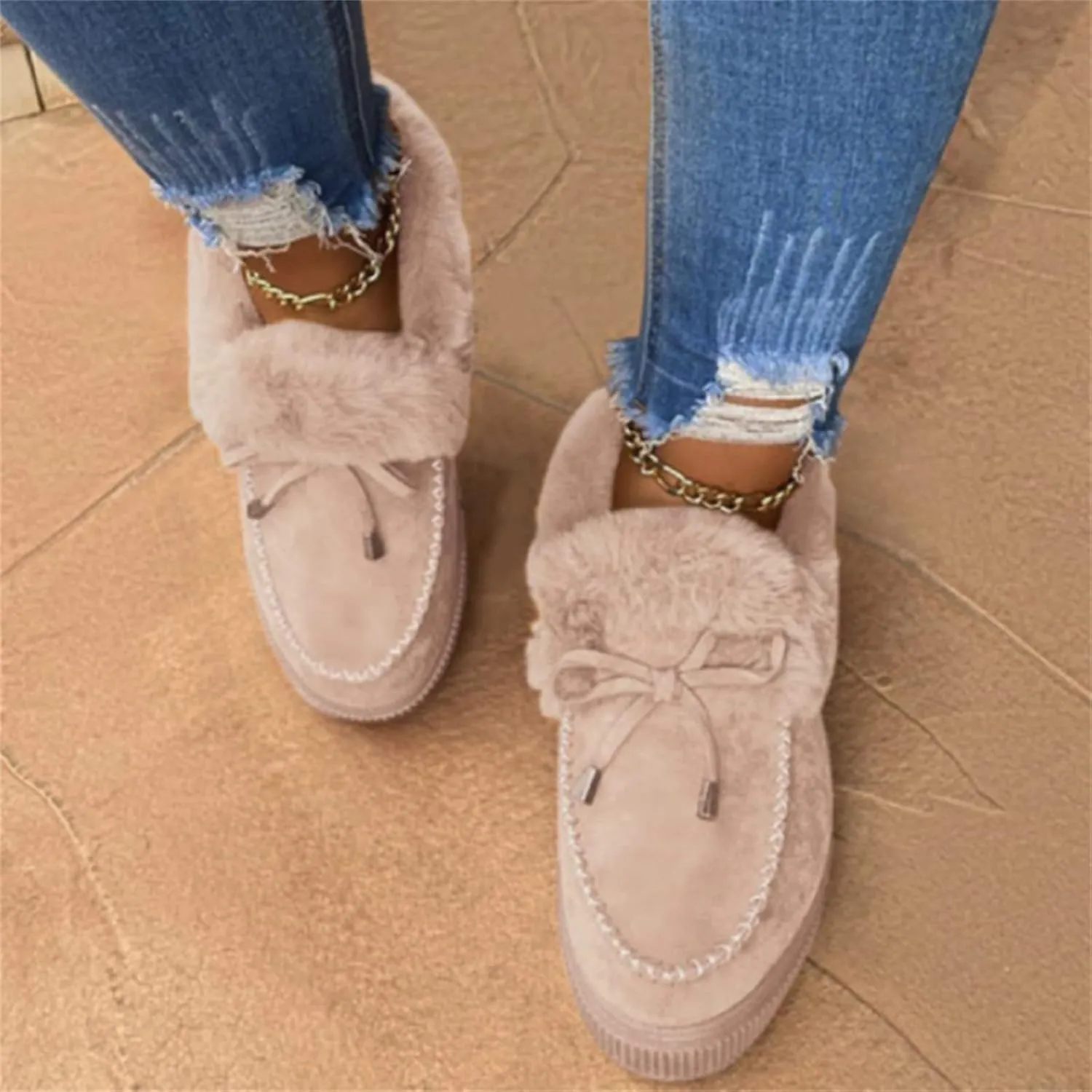 Lausiuoe Snow Boots For Women Wide Width Fluffy Fuzzy Ankle Booties Soft Memory Foam Pull on Fashion Casual Walking Shoes