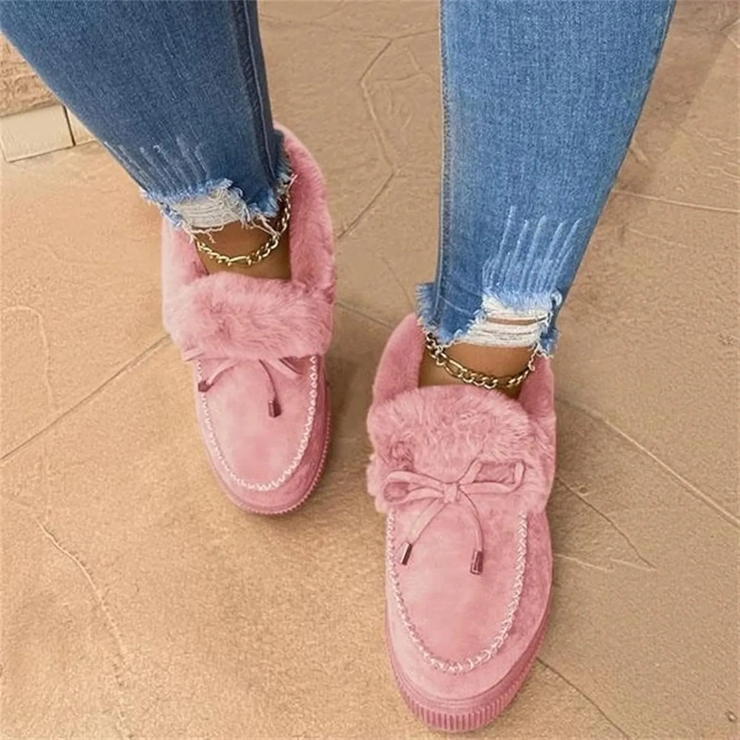 Lausiuoe Snow Boots For Women Wide Width Fluffy Fuzzy Ankle Booties Soft Memory Foam Pull on Fashion Casual Walking Shoes