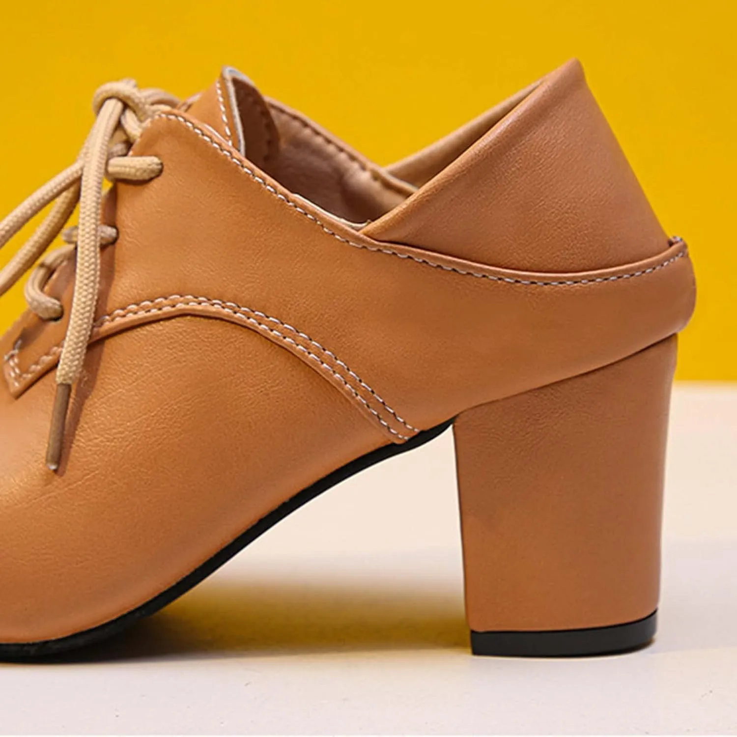 Leather Shoes for Women's British Style Chunky Heels Pointed Toe Lace up Dress Shoes Low Top Slip On Loafer Sneaker