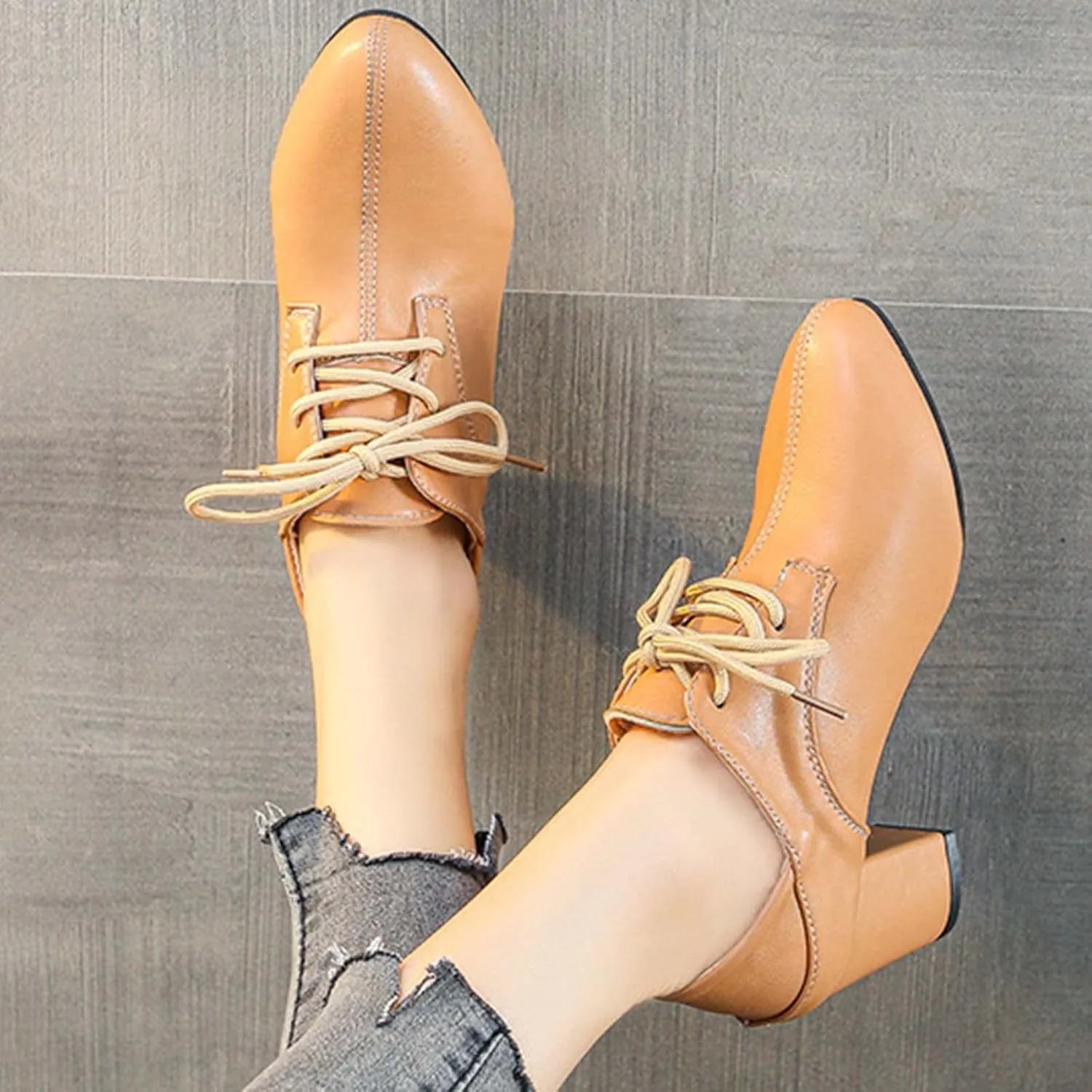 Leather Shoes for Women's British Style Chunky Heels Pointed Toe Lace up Dress Shoes Low Top Slip On Loafer Sneaker